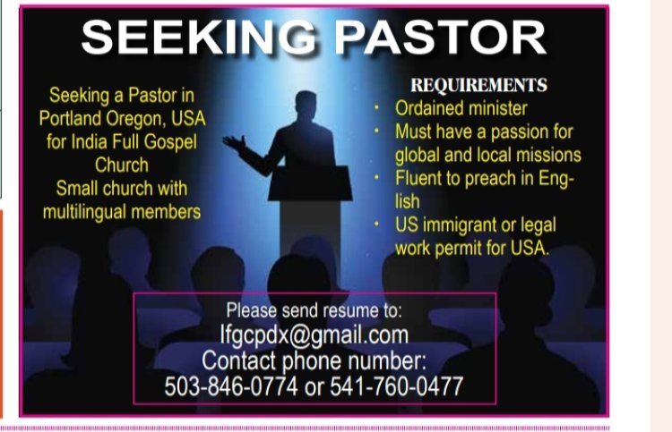 Seeking Pastor; India Full Gospel Church Portland