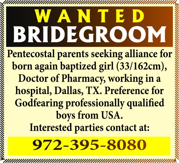 Pentecostal Girl in USA; Doctor of Pharmacy ( D.Pharm); Working in a hospital in Dallas/ Wanted Groom / GN Matrimony - 9655