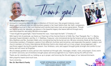 Tribute and Thanksgiving;  Pastor Ravi Mani and Family Bangalore