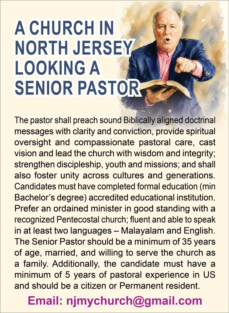 A CHURCH IN NORTH JERSEY LOOKING A SENIOR PASTOR