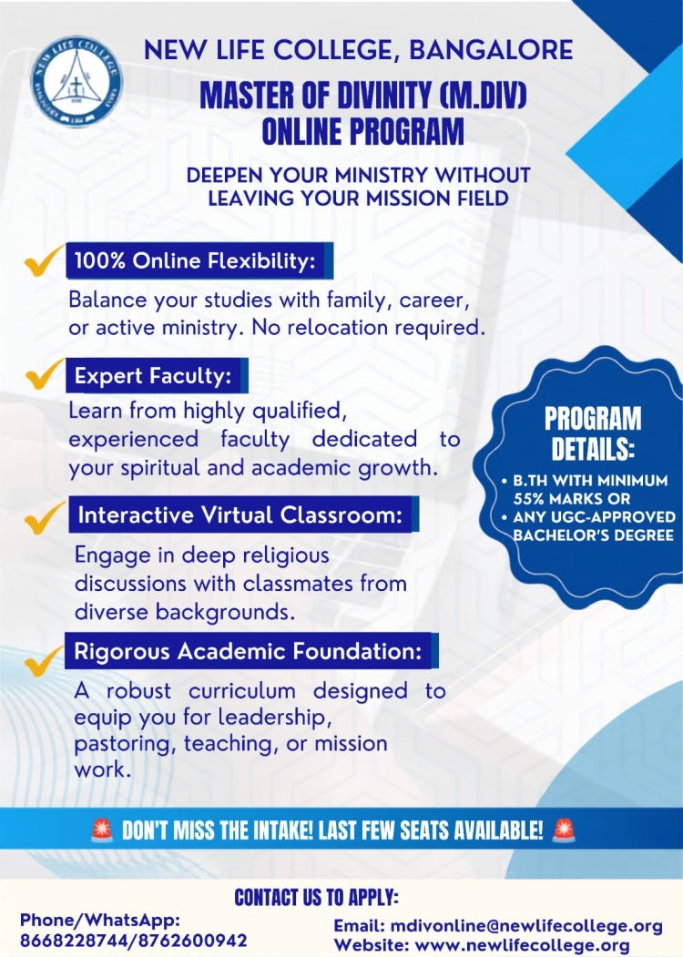 NEW LIFE COLLEGE, BANGALORE;  MASTER OF DIVINITY (M.DIV) ONLINE PROGRAM