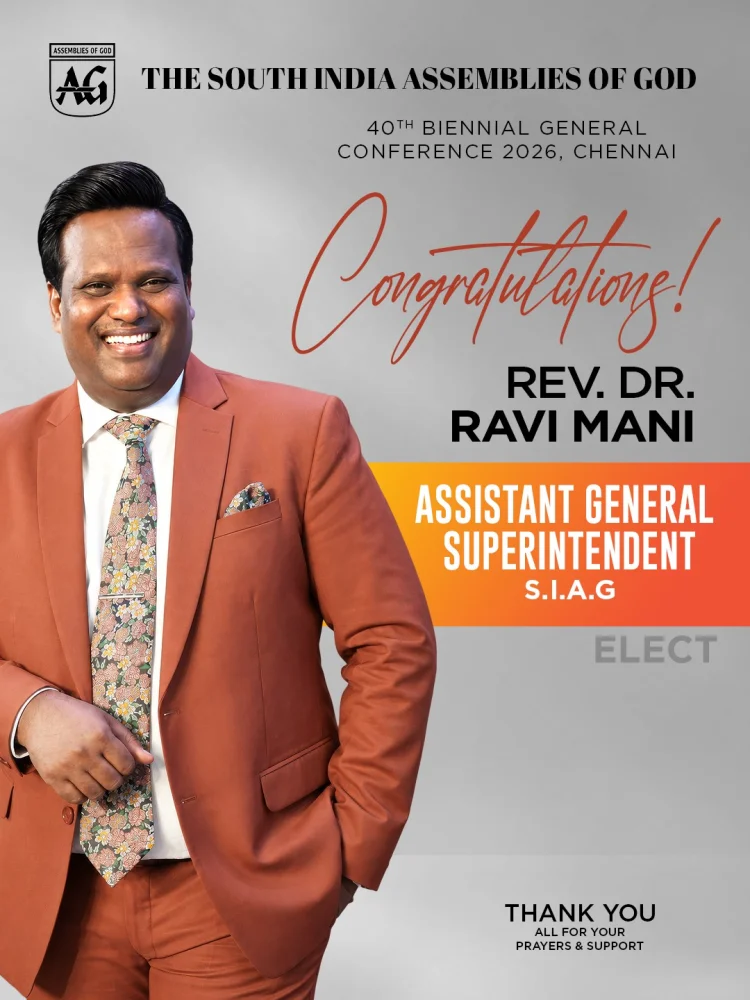 ಪಾಸ್ಟರ್ ಡಾ. ರವಿ ಮಣಿ ದಕ್ಷಿಣ ಭಾರತದ ಎ.ಜಿ. ಸಹಾಯಕ ಅಧೀಕ್ಷಕರಾಗಿ ಆಯ್ಕೆ 